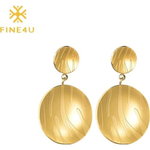 FINE4U E278 Bohemia Simple Concave Round Disc Dangle Drop Earrings Lightweight Statement Stud Earrings For Women