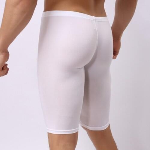 Men Sleep Bottoms Ice Silk Slip Homme Transparent Pajama Shorts Pants Summer Sexy Penis Pouch Fitness Sleepwear Elastic Leggings