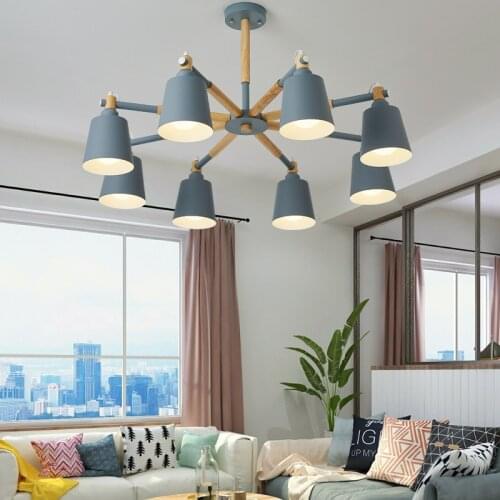 Nordic Morandi Color 3/6/8 Heads Chandelier Simple Log Wrought Iron Bedroom Study Dining Room Small Apartment Lliving Room Lamp