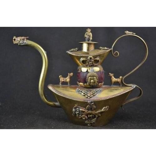 Old Tibetan silver Jade Carving Buddha dragon Ornamental Teapot monkey Garden 100% real Tibetan Silver Brassroom