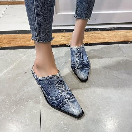 Classic design slippers 2021 spring new pointed deep mouth thick high-heeled denim outer wear Baotou slippers shoes for women