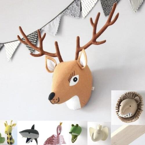 Kids Room Decoration Elephant Giraffe Dog Fox Animal Head Wall Mount Artwork Decor Doll Toys for Baby Girl Room Birthday Gift