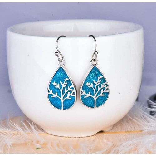 Vintage Silver Plated Blue Epoxy Tree Dangle Earrings for Women Cocktail Party Fashion Earrings Wedding Jewelry Xmas Gifts