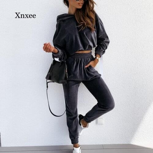 Fall/winter Womens 2-Piece Hoodie Casual Short Top Sweatshirt + Solid Color Pants Hooded Long Sleeve Hoodie Women