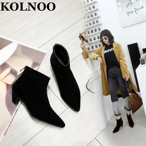 KOLNOO New Style Handmade Ladies Kittened Heels Ankle Boots Faux Kid-Suede Party Prom Martin Boots Winter Fashion Daily Shoes