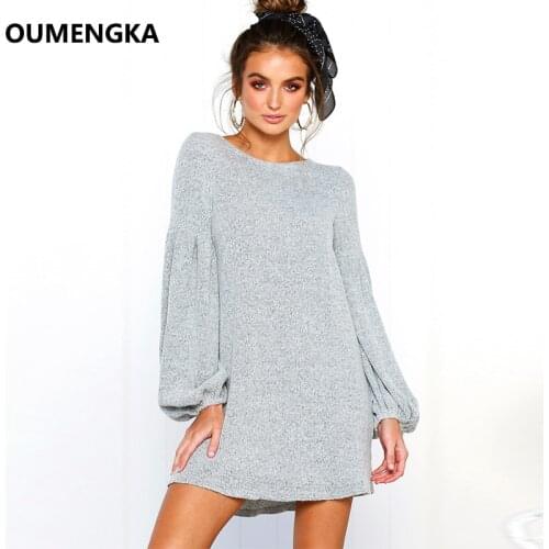 Women Sweater Casual Pullover Basic Loose Knitted Dress Solid Crew Neck Essential Jumper Long Lantern Sleeve Sweaters 4 Colour