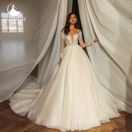 Aedmgh Charming Empire Wedding Dresses 2021 V- Neck Long Sleeve Vestido De Novia A-Line Court Train Lace Appliques Bridal Gowns