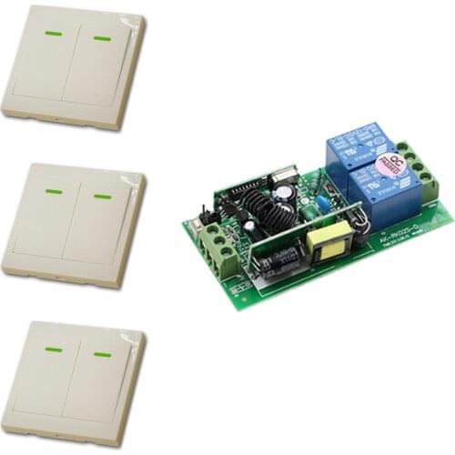 AC85V-265V 110V 220V 250V 2 CH RF Wireless Remote Control Switch 10A Relay Receiver+3X Wall Panel Transmitter Self-lock