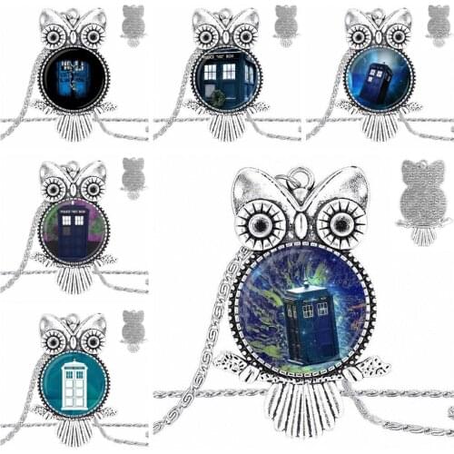 EJ Glaze Dr Who Police Box For Women Handmade Girls Necklace Fashion Long Chain With Owl Necklace Jewelry