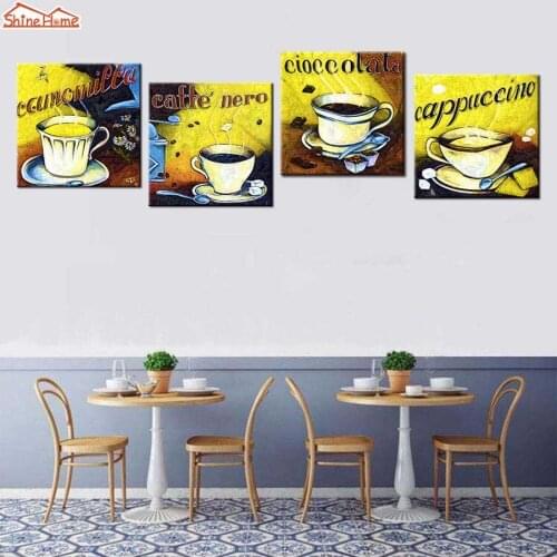 ShineHome-4pcs Retro Coffee Oil Paintings on Canvas Prints Goldern Wall Poster Pictures Modular for Cafe Bar Hotel Kitchen Decor