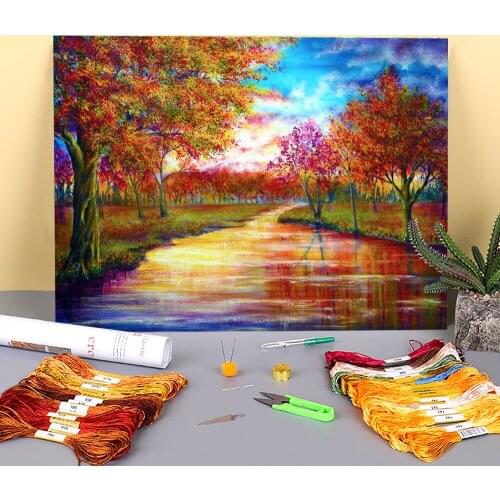 Natural Scenery Printed Fabric 11CT Cross Stitch Patterns Embroidery DMC Threads Knitting Painting Needlework Hobby Jewelry