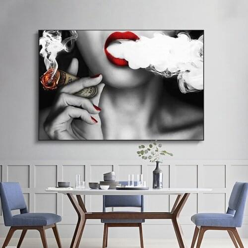 Women Red Lip Smoking Characters Oil Paintings on Canvas Posters Wall Art Picture HD Printed Cuadros Home Decor For Living Room