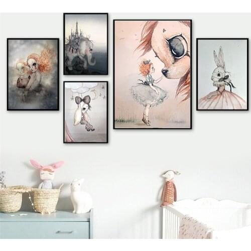 Spray Color Bicycle Swing Rabbit Boy and Girls Cartoon Angel Canvas Decoration Painting Art Poster Kids Baby Nursery Room Wall