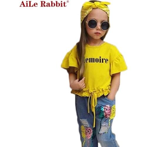 AiLe Rabbit INS Girls Suits Letter Short Sleeve T Shirt Jeans Headband 3 Pieces Sequins Balloons Pants Fashion Kids k1