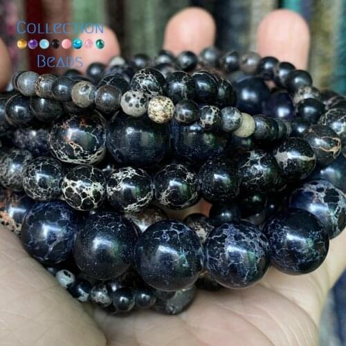 Natural Black Sea Sediment Jaspers Stone Spacer Loose Round Beads For Jewelry Making 4-12 mm Diy Bracelets Accessories 15"