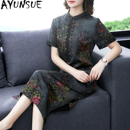 AYUNSUE Summer Silk Dress Women Floral Plus Size Dress Vintage Flower Ladies Dresses Party Elegant Vestidos De Verano KJ4260
