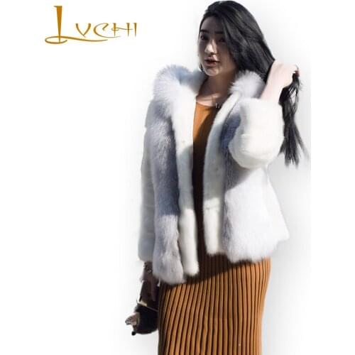 LVCHI Winter 2019 With Fox Fur Hood Natural Real Mink Fur Coats Womens White Mink Coat Full Pelt Causal Loss Solid Mink Coats