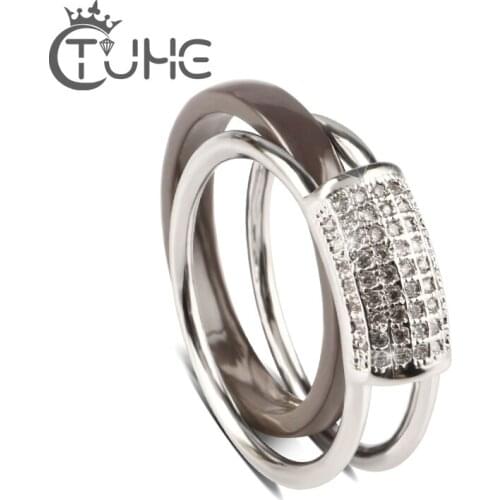 2pcs/Set Fashion Luxury Women Engagement Rings Jewelry Grey Color Ceramic 5A CZ Crystal Zircon Female Wedding Finger Rings Gift