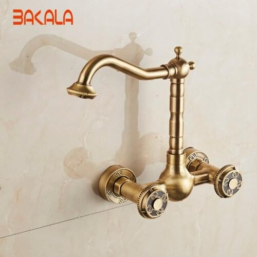 BAKALA Wall Mounted Two Handles Antique Brass Finish Kitchen Sink Bathroom basin Faucet mixer tap BR-10707