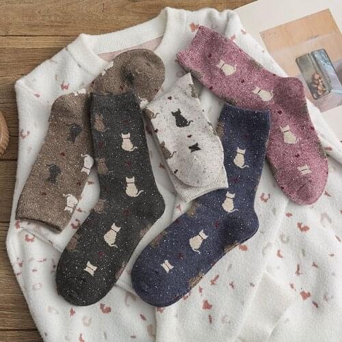 New Autumn Winter Womens Socks Cotton Cozy Breathable Cartoon Casual Warm Socks Funny Happy Animal Jacquard Girls Cute Cat Socks