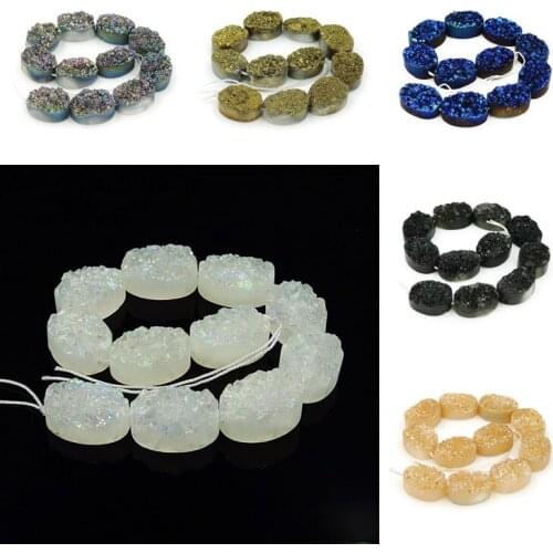 Titanium Black/Purple/Orange/Rainbow/AB/Blue Crystal Druzy Oval Flat Beads Strand Approx 8 Inches