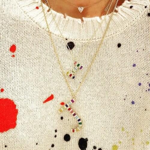 Name letter necklace rainbow colorful baguette cz Initials big Alphabet Long A to Z pendant women gorgeous jewelry