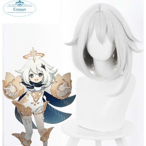 Genshin Impact Paimon Cosplay Wig White Short Heat Resistant Synthetic Hair Halloween Party Role Play + Free Wig Cap