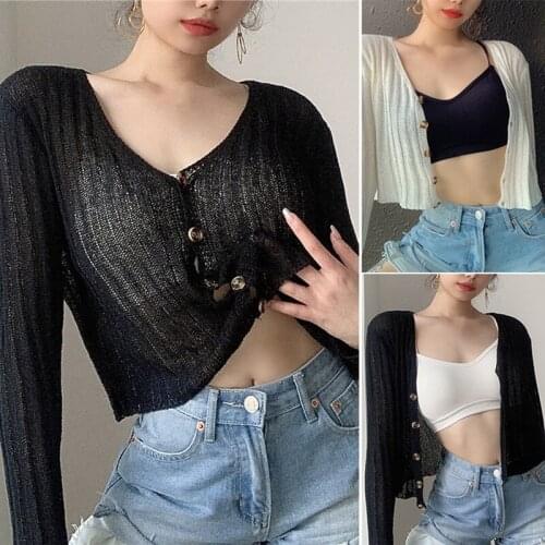 Hot Kf-Cardigan Women Knit Solid Simple Female See-Through Sun Protection Long Sleeves Casual Summer Loose Elegant Tops