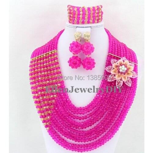 Wonderful Hot Pink African Nigerian Beads Crystal Necklaces Bracelet Earrings African Wedding Beads Jewelry Set WS5385