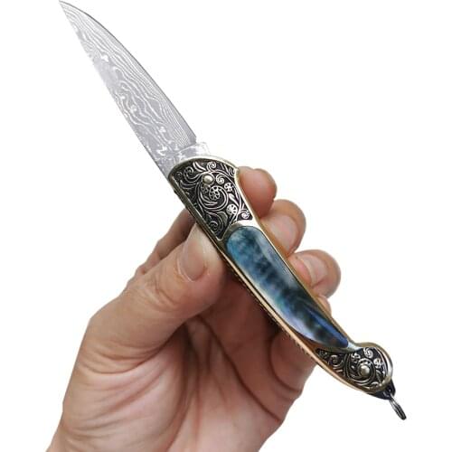 Free shipping The handle shell Pure manual Damascus knife Pattern steel folding knife outdoor tools self-defense knife