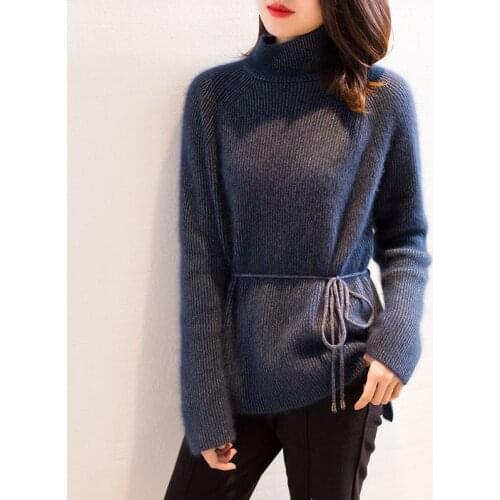 Gold silk sweater women high-necked long sleeve fall winter 2020 new loose lazy irregular lace up medium length womens sweater