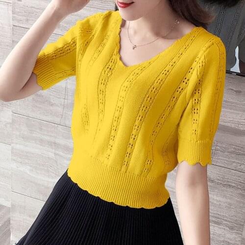 Knit Cool Short Sleeve T-shirt Womens 2021 New Summer Loose V-neck Top Korean Hollow Knitted Solid Color Y2k T Shirts Tops