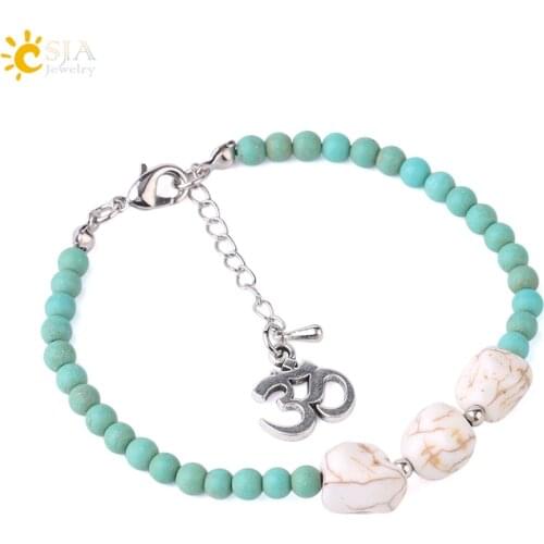 CSJA 4mm Matte Frosted Turquoises Small Beads Bracelet White Howlite Adjustable Chain 3D Charms Bracelets for Women Jewelry F734