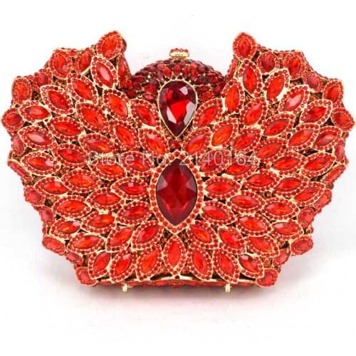Women Hollow Out Crystal Evening Purse Gold Rhinestone Ladies Clutches Wedding Bridal BagsRed Gift Box Party Diamond Handbag