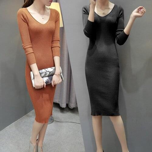 Women Long Sweater Dress 2019 Autumn Winter V-neck Long Sleeve Knitted Casual Pullover Jumper Womens Slim Dresses Vestidos1015