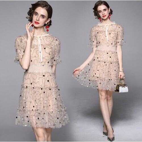 Summer New Women Bow Tie Collar Sequined Embroidered Gauze A-line Short Dress Seet Girls Elegant Elastic Waist Mesh Vestido 6801