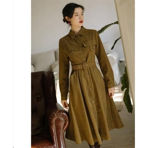 Corduroy Long Sleeve Red Dress Women 2020 Autumn Winter New French Vintage Lapel High Waist Belted Button Long A-line Dress