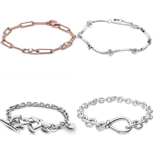 100% 925 Sterling Silver Rose Me Link Chain & Stones Chunky Infinity Knotted Heart Bracelet Fit Bead Charm Diy Jewelry