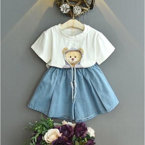 Kids Clothes Girls Children Clothes 2021 Fashion Summer Girls Clothing Cartoon Bear T-Shirt+Denim Shorts 2Pcs/Sets