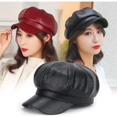 Beret Cap Faux Leather Adjustable Octagon Faux Leather Hats for Party