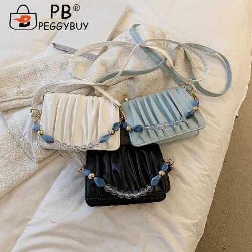 2021 Pleated Female Handbag Vintage Women PU Leather Pleated Bead Chian Solid Color Crossbody Shoulder Bag Women