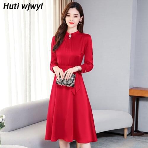 2021 Elegant Women Party Bodycon Vestido Autumn Winter Vintage Solid Shirt Midi Dress Plus Size Office Long Sleeve Satin Dresses