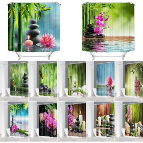 3D Bamboo Lotu Fabric Shower Curtains Polyester Waterproof Zen Stone Spring Bathroom Decoration Bath Curtain Large Size