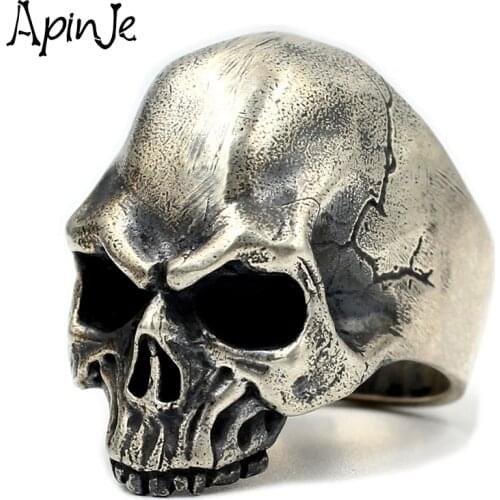 Apinje 925 Sterling Silver Cool Ring Retro Punk Rock Style Skull Rings For Men Biker Mens Gothic Jewelry