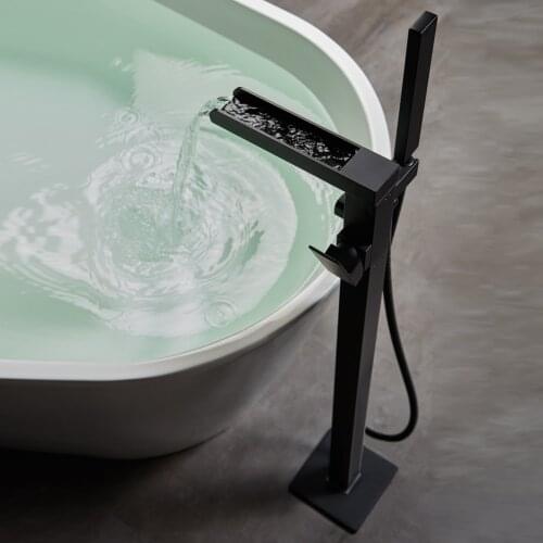 SHAMANDA Black /Golden Luxury Freestanding Bathtub Faucet Single Handle Waterfall Tub Filler with Handheld Shower,Floor Mounted