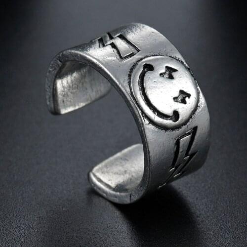 Hot Sale Happy Smiley Face Lightning Stamp Tibetan Adjustable Ring Statement Big Large Retro Vintage Gothic Women Jewelry Rings