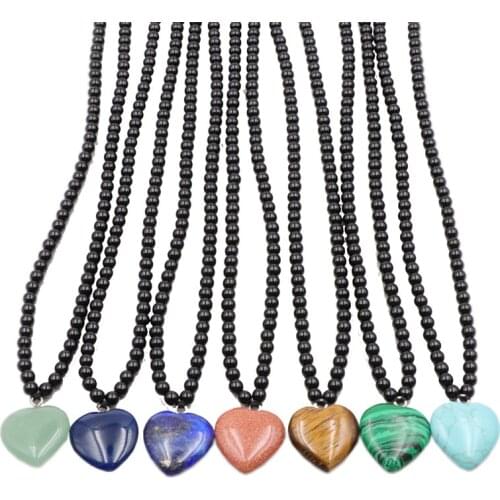 Short Chain Heart Pendant Necklace Lapis Lazuli Tiger Eyes Crystal Malachite Opal Aventurines Turquoises Stone Choker 16" A946