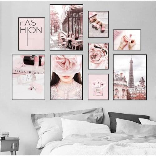 Fashion Nordic Poster Pink Peony Perfume Girl European Scenery Street Nail Salon Canvas Painting Modern Home Decoration Wall Art