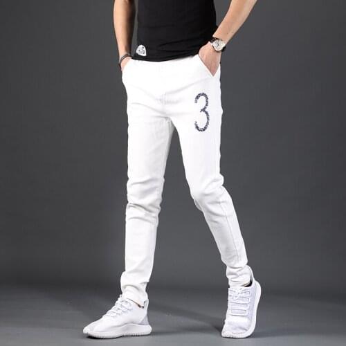 New Summer Mens White Jeans Fashion Number 3 Printed Slim Fit Pencil Pants Korean Style Cotton Stretch Denim Trousers