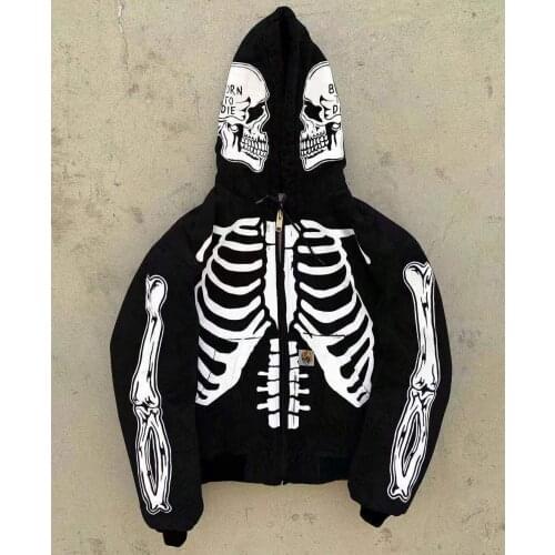 Mens Fashion High Street Cardigan Jacket Oversized Y2K Skull Bones Gothic Hoodie Skull Painting Sweatshirt Hip Hop Graffiti Top